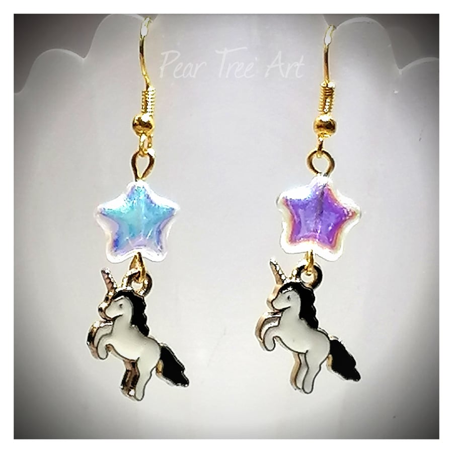 Black and White Unicorn Earrings with Star Beads
