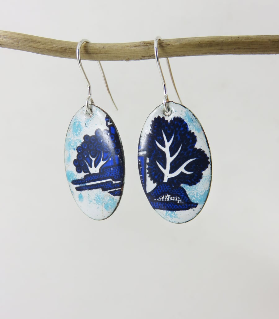 Enamel on Copper Dangle Earrings with Tree Decals and Transparent Turquoise