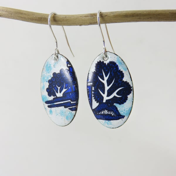 Enamel on Copper Dangle Earrings with Tree Decals and Transparent Turquoise