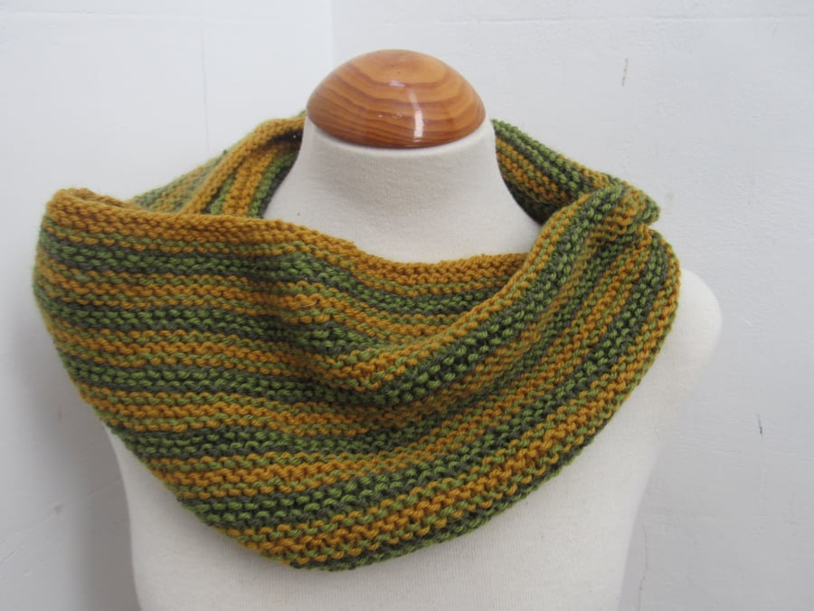 Leaf Green Gold Striped Knit Pure Wool Cowl Scarf