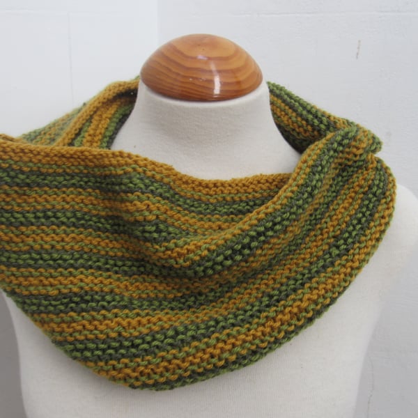 Leaf Green Gold Striped Knit Pure Wool Cowl Scarf