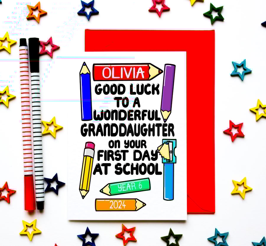 Personalised Back To School Card For Granddaughter, Child Going Starting School