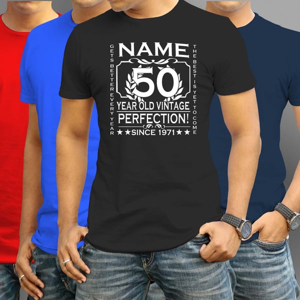 Personalised 50th Birthday T-Shirt Custom add NAME, AGE and YEAR Men's & Lady's