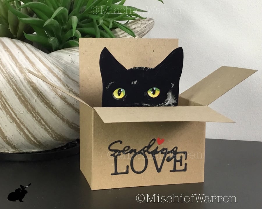 Black Cat Box Card. The Original Cat in a box. Sending Love. Gift card holder.