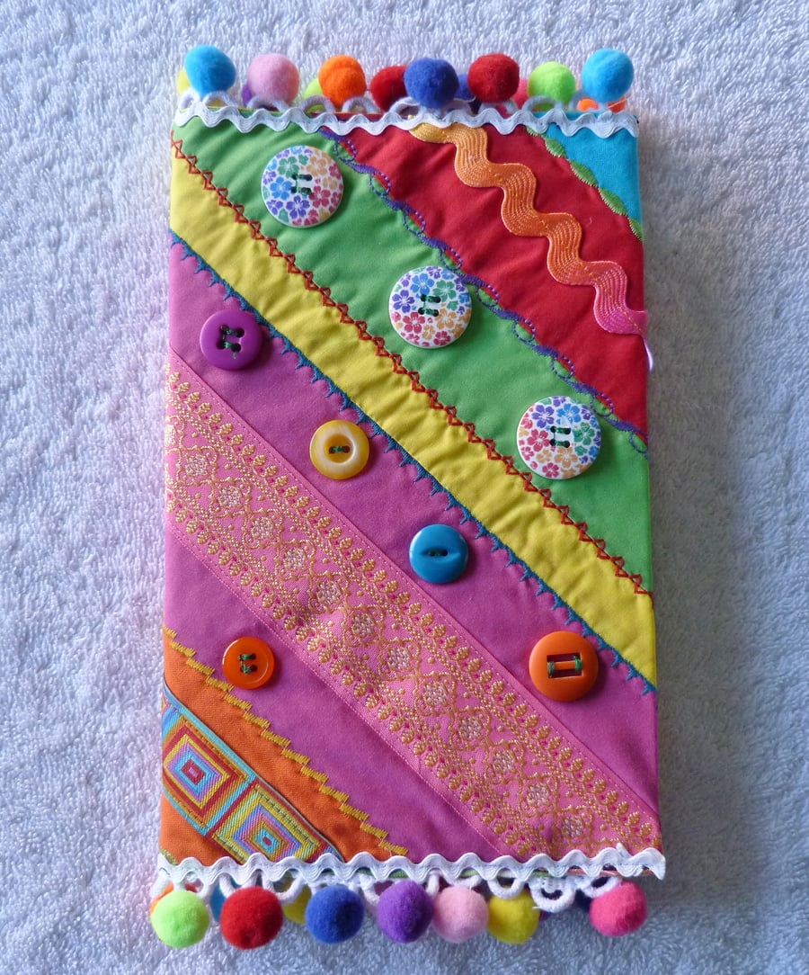 Embellished  Patchwork A5 Notebook with Lined Notepad. Rainbow with Pompom Trim2