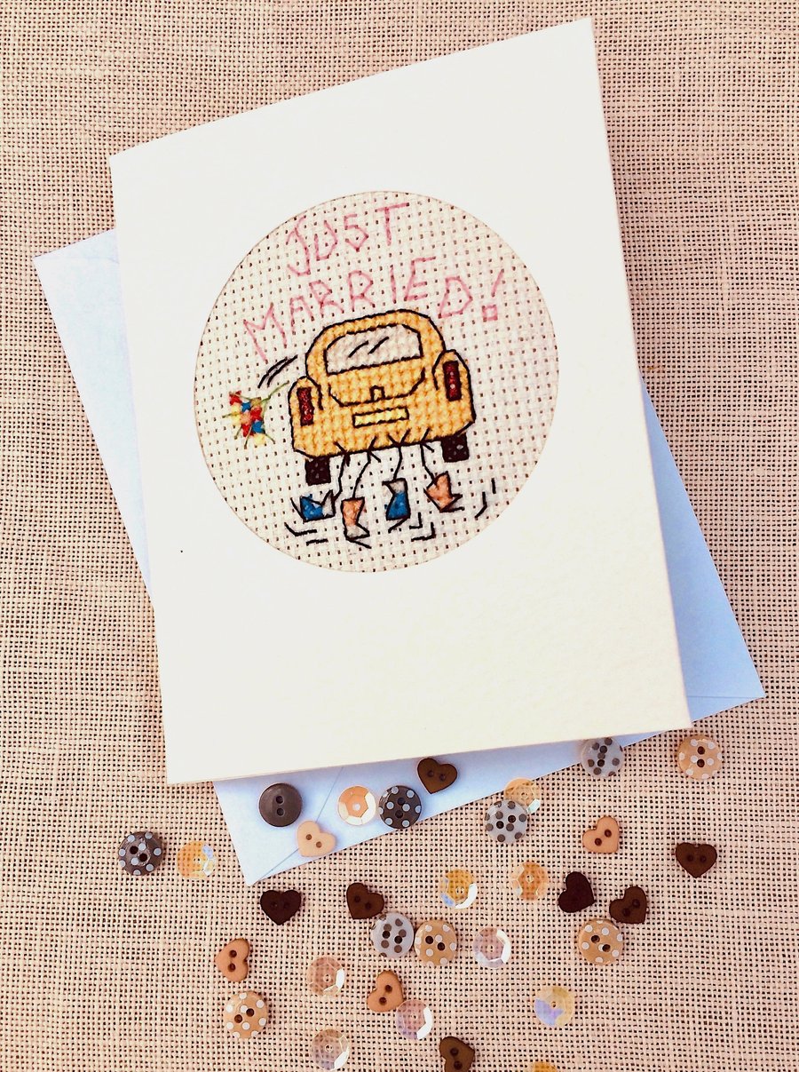 Just Married. Wedding Cross Stitch in Recycled Card