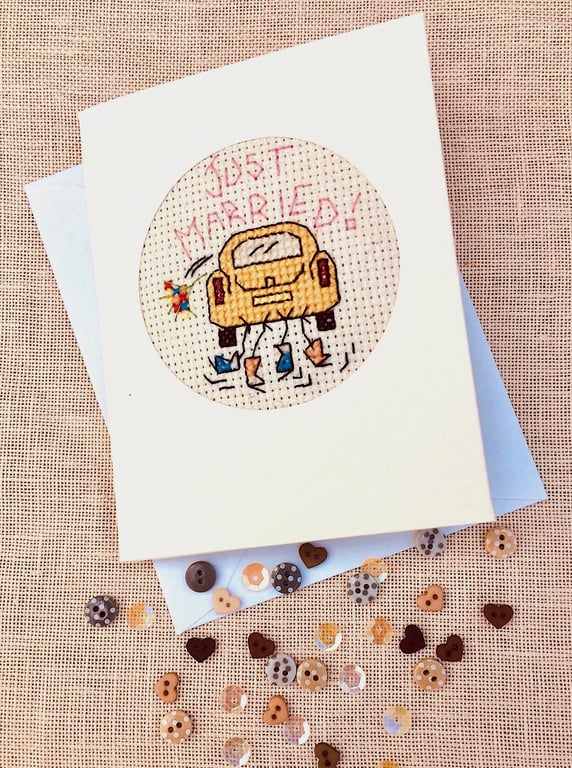 Just Married. Wedding Cross Stitch in Recycled Card