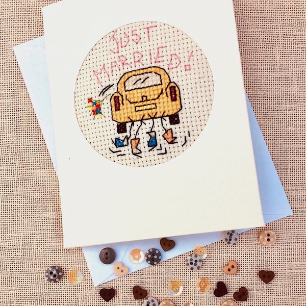 Just Married. Wedding Cross Stitch in Recycled Card