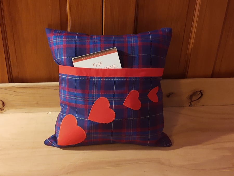 Reading and Journaling Cushion, blue and red tartan pillow with pocket