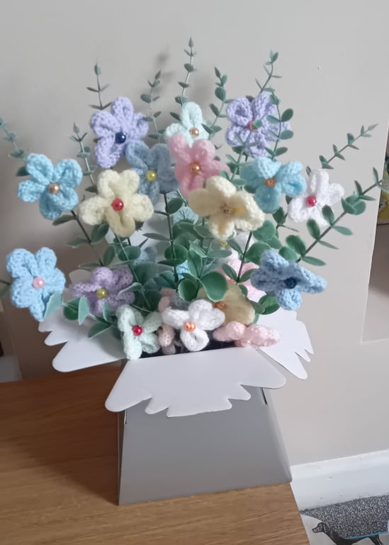 Hand Knitted Large Flower Bouquet in Card Vase Box, Ideal Gift