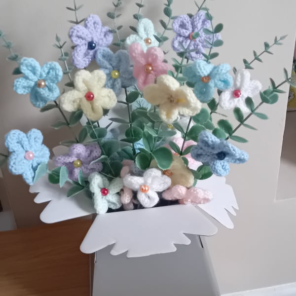 Hand Knitted Large Flower Bouquet in Card Vase Box, Ideal Gift