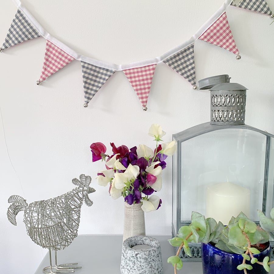 BUNTING -  mini pink and grey gingham with silver bells