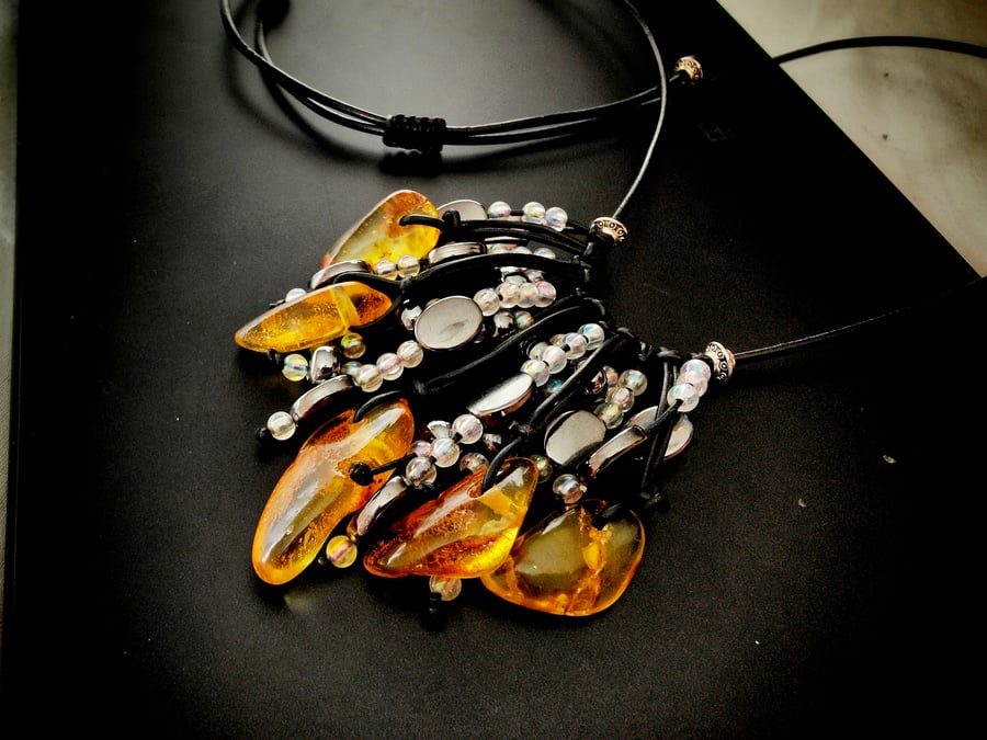 Natural Amber Shiny Necklace Leather Cord 