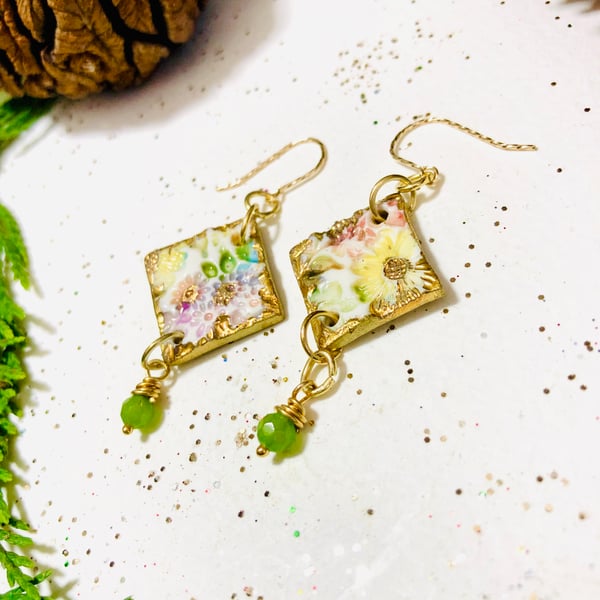 Beautiful porcelain botanical earrings with emeralds