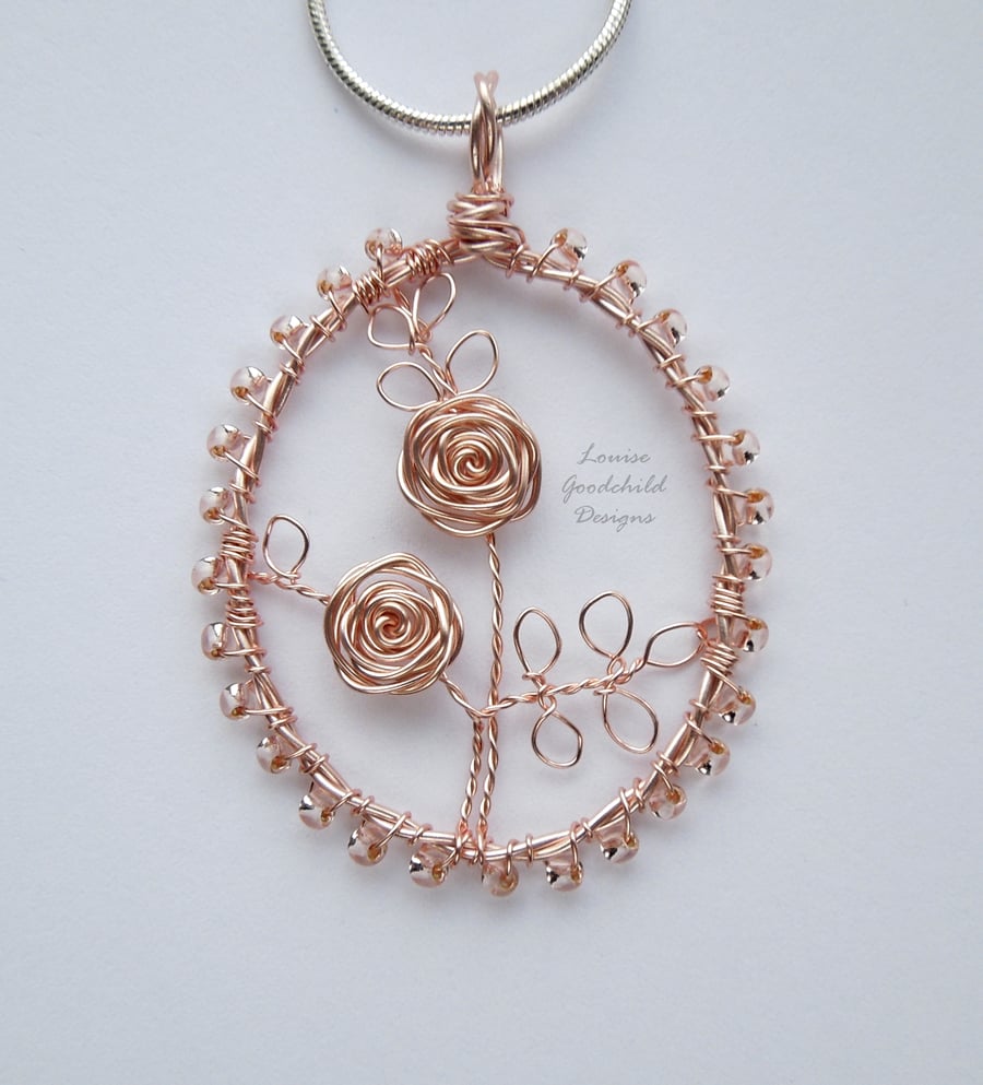 Rose gold Valentine Rose handmade wire pendant, unique wearable wire art