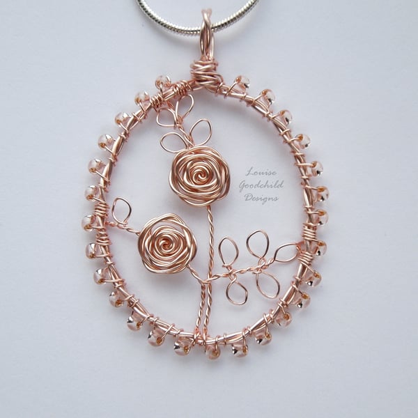 Rose gold Valentine Rose handmade wire pendant, unique wearable wire art