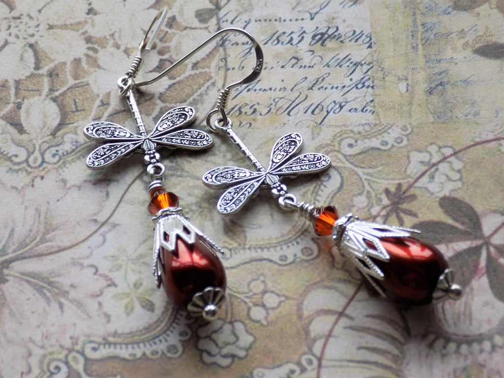 Copper Red Crystal Pearl and Dragonfly Drop Earrings, Art Nouveau Vintage Style 