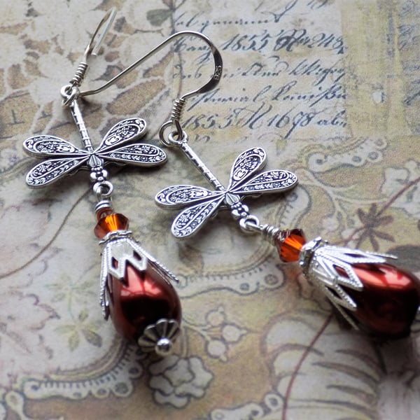 Copper Red Crystal Pearl and Dragonfly Drop Earrings, Art Nouveau Vintage Style 