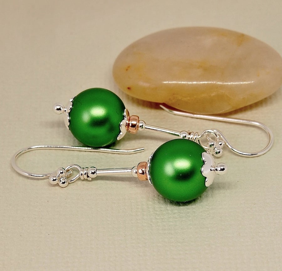 Green Pearl Earrings - Sterling Silver - Emerald