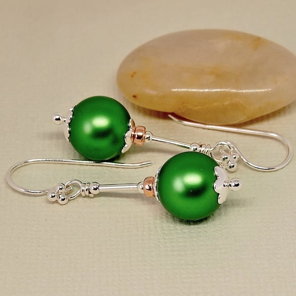Green Pearl Earrings - Sterling Silver - Emerald