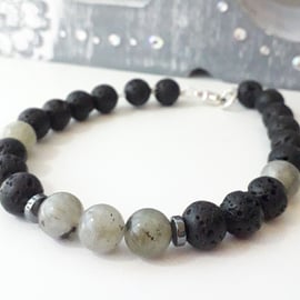 Lava Bracelet with Labradorite, Gemstone Bracelet 8.25 inch Sterling Silver