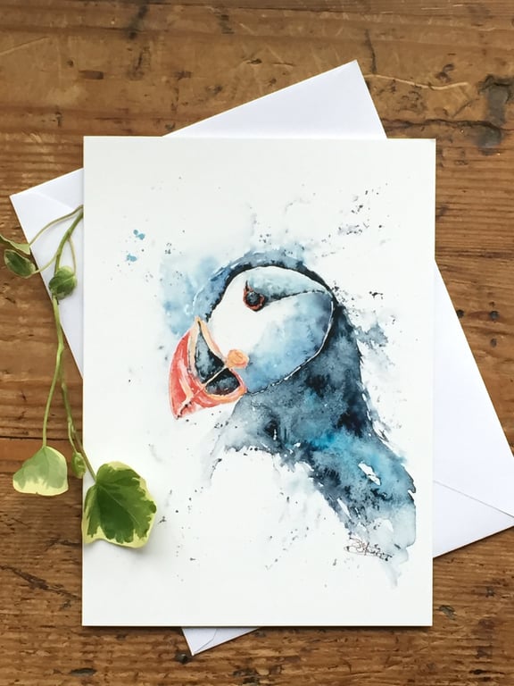 Percy the Puffin Card, A5 blank greeting card with a watercolour puffin design