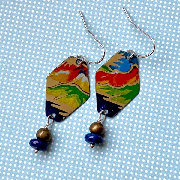 Recycled vintage tin hexagon blue, green & orange scene beaded earrings