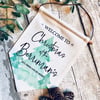 Christmas at the sign, personalised linen flag sign, christmas hanging sign, fam