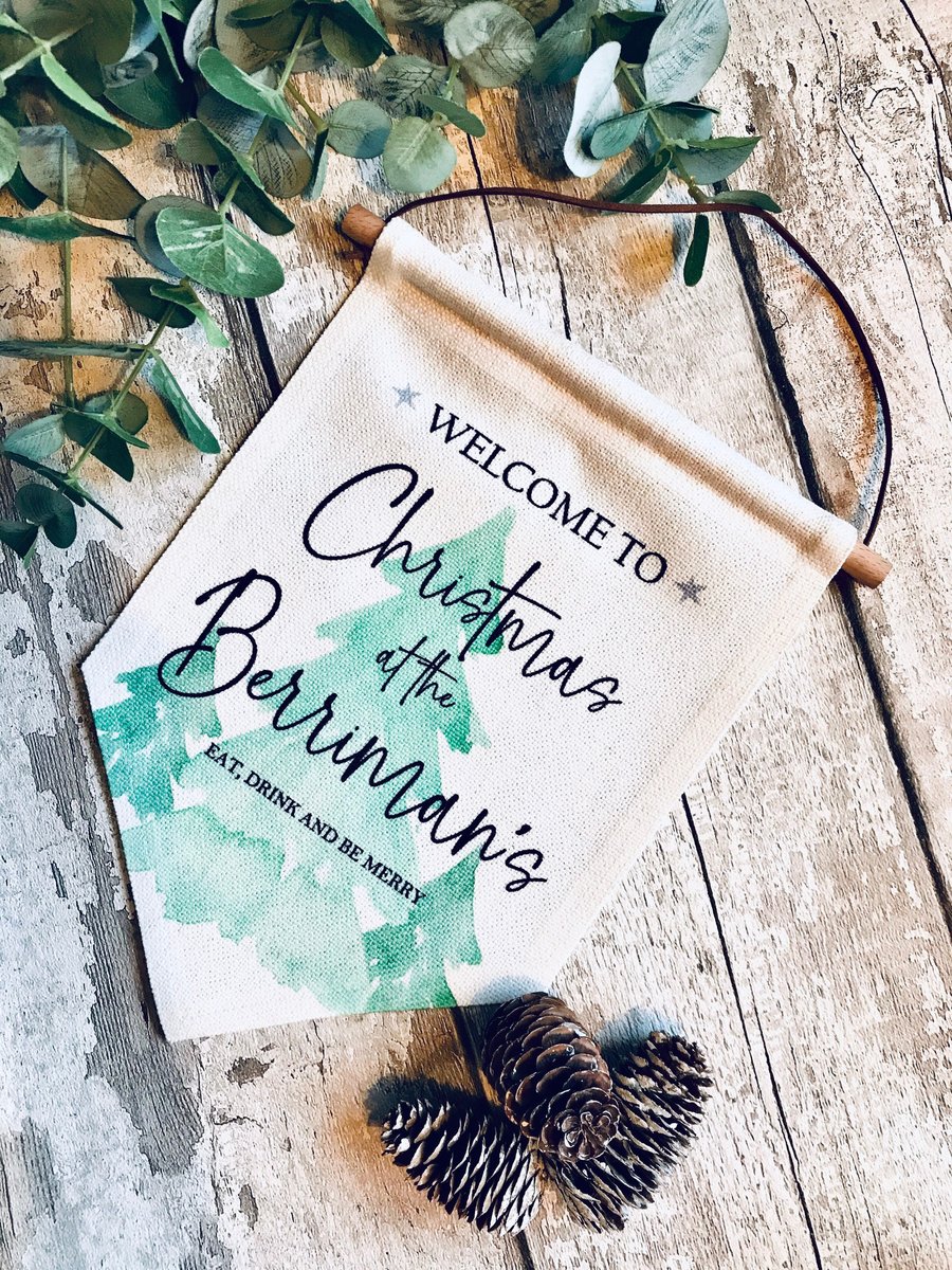 Christmas at the sign, personalised linen flag sign, christmas hanging sign, fam