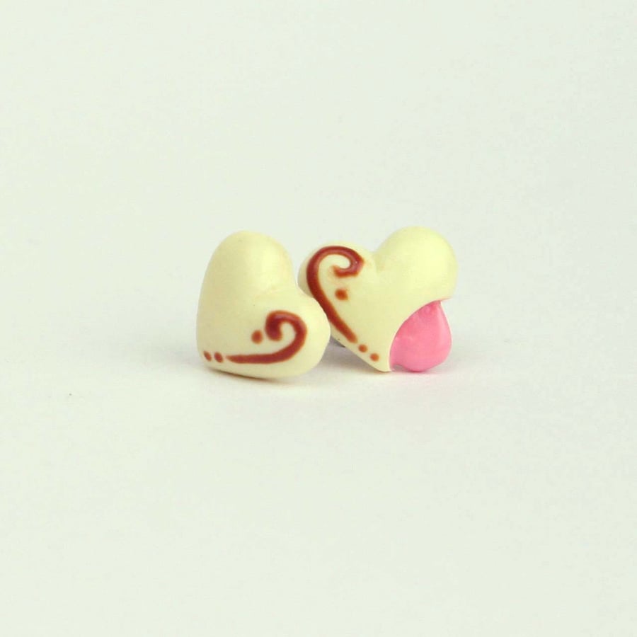 Cute Soft Centred Chocolate Heart stud earrings, White