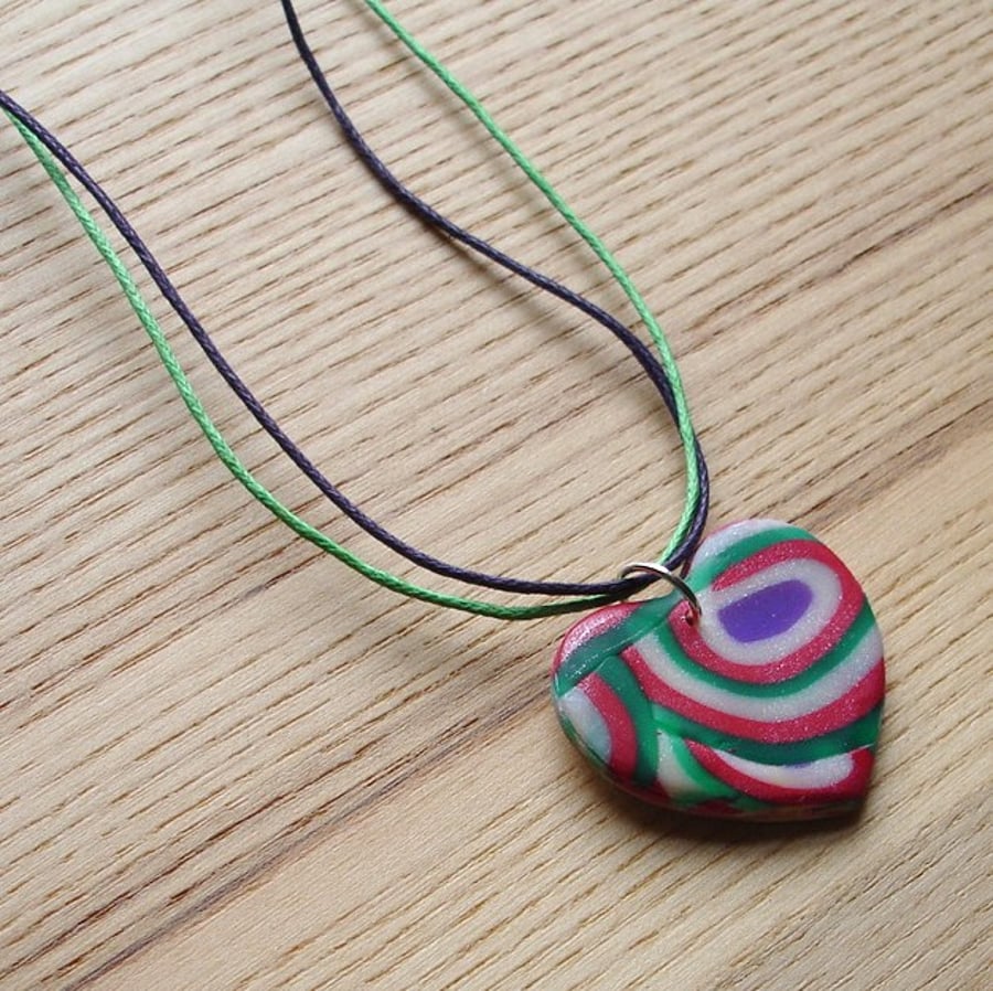Red and Green Shine Heart FIMO Polymer Clay Pendant