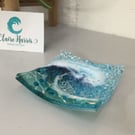 Fused Glass Crashing Wave Light Aqua, Trinket Dish. 