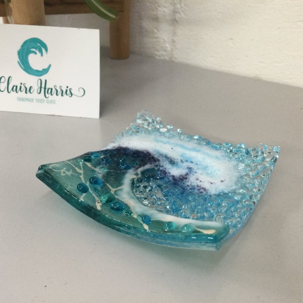 Fused Glass Crashing Wave Light Aqua, Trinket Dish. 