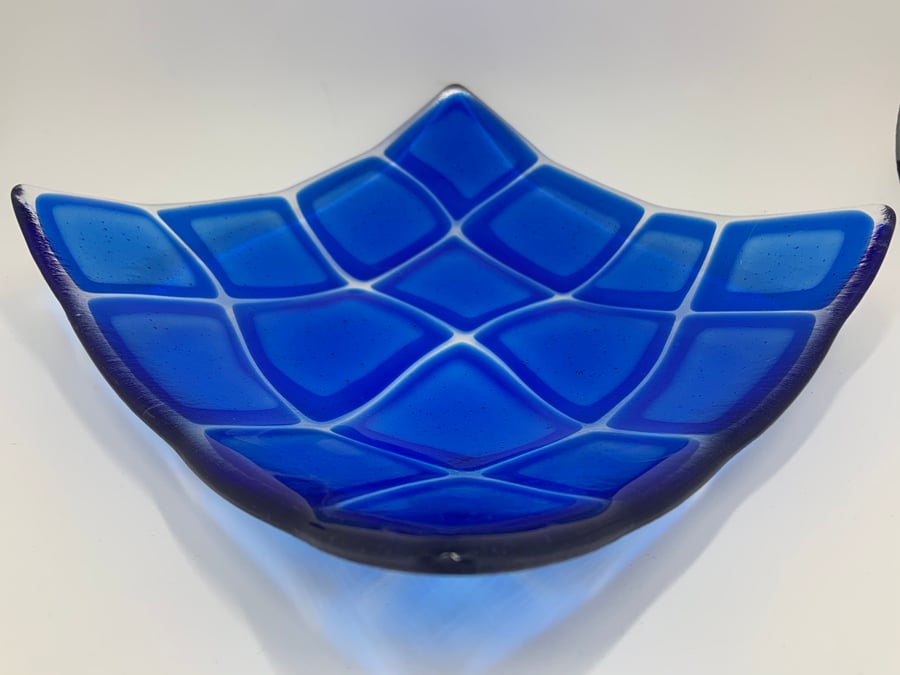 Beautiful Retro Warp effect blue fused glass dish