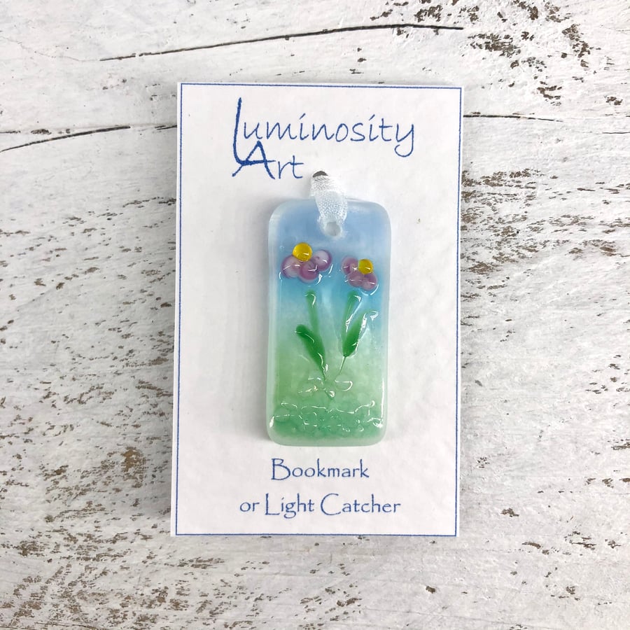 Glass Bookmark or Light Catcher with Pink Flowers