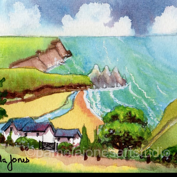 Three Cliffs Bay, Gower, Wales, Original Watercolour in 9 x 7 '' Mount