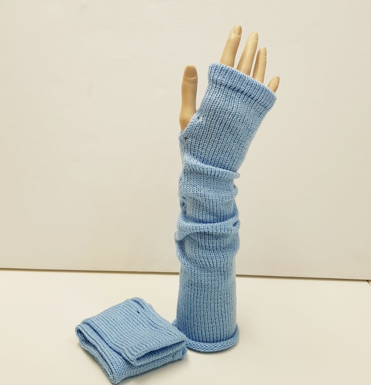 Light blue hand warmers, knitted fingerless gloves, wrist warmers for women