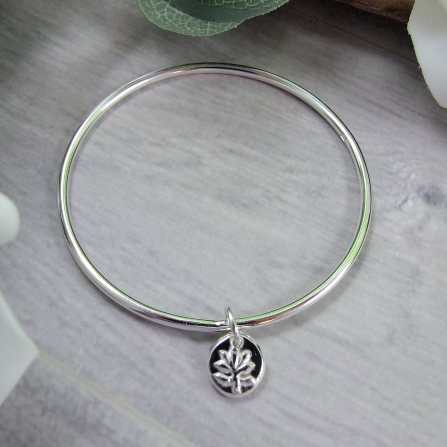 Sterling Silver Bangle with Leaf Charm. Recycled Silver Fully Hallmarked