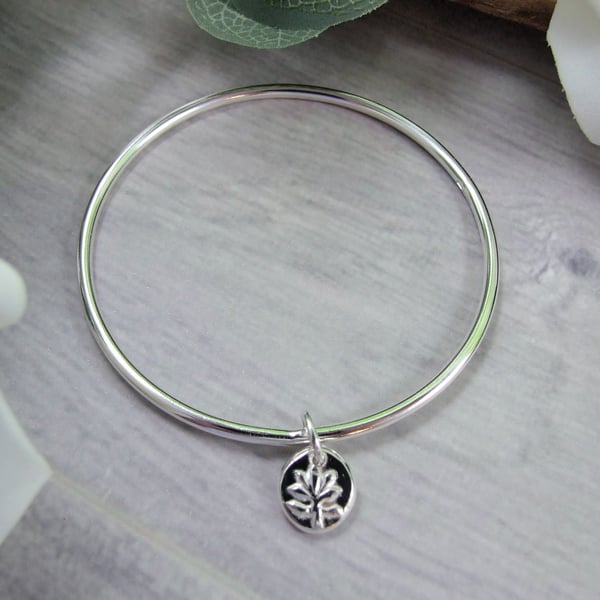 Sterling Silver Bangle with Leaf Charm. Recycled Silver Fully Hallmarked