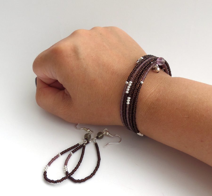 Contemporary Bangle and Earring Set, Chocolate Brown and Mauve