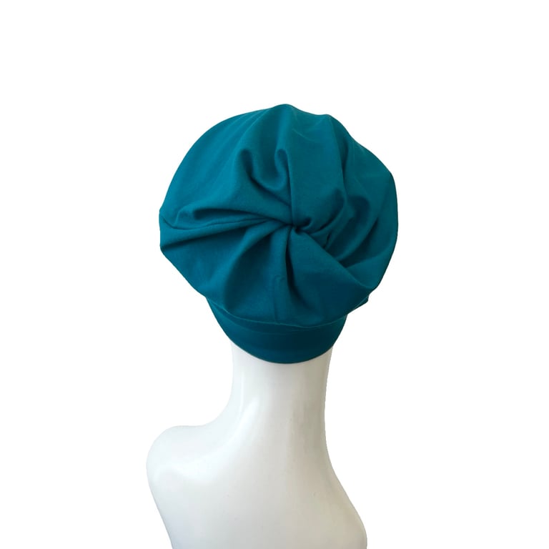 Beanie Hat -Teal Blue Twisted Jersey Cap Ponytail Soft Hair Loss Chemo Hat