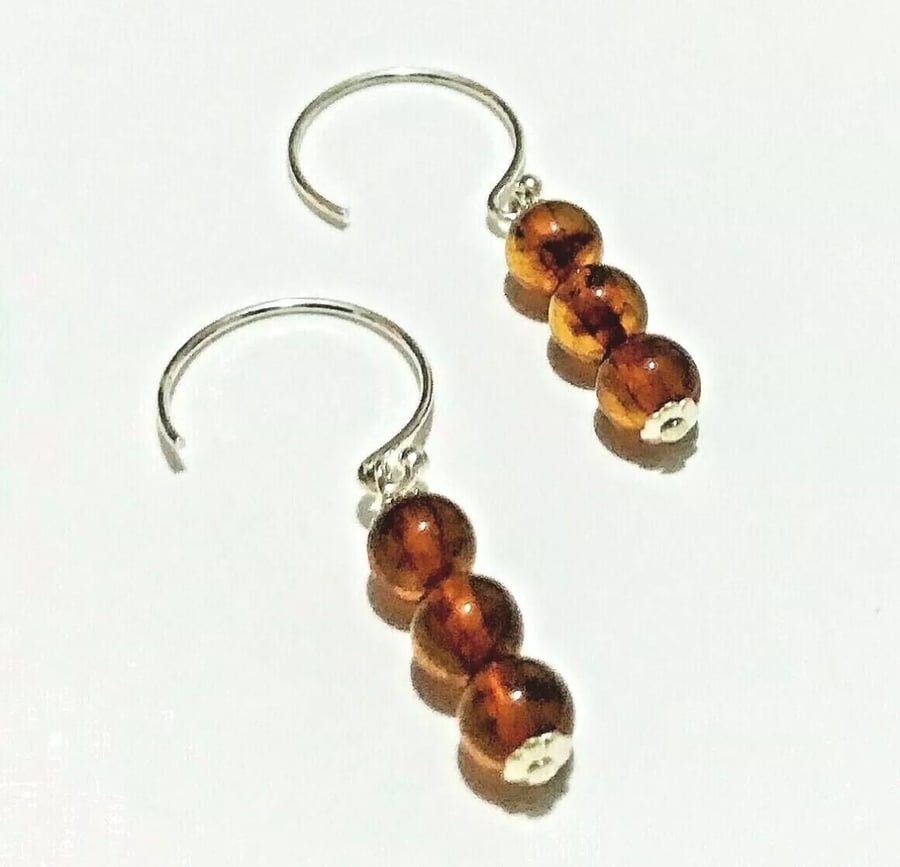 Amber Earrings (Cognac Baltic)  on Sterling Silver Ball end Circle Ear Wires