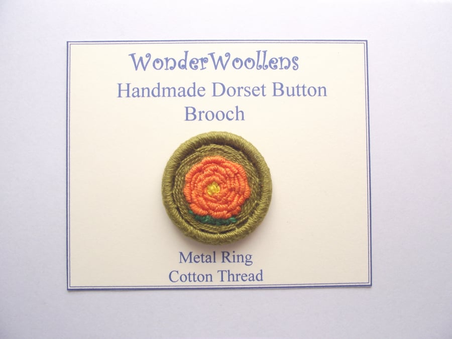 Orange Rose Flower Dorset Button Brooch or Pin, 3.5cm, Cotton Thread, Brass Ring