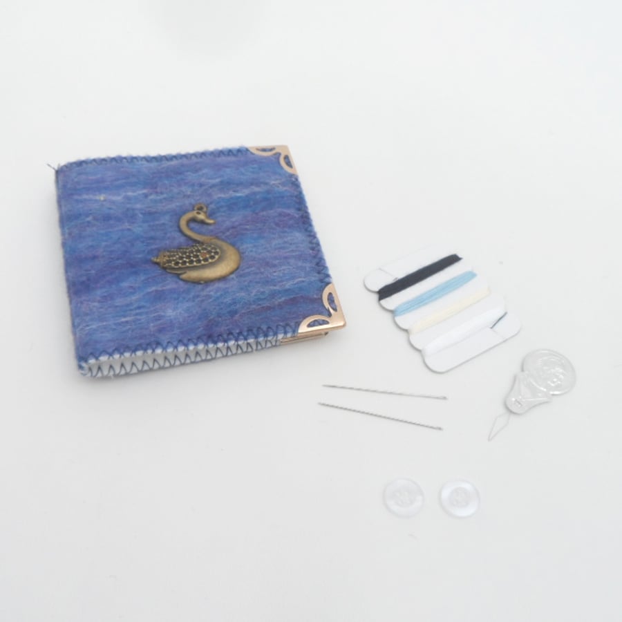 Blue hand felted needle case, mending kit with swan decoration