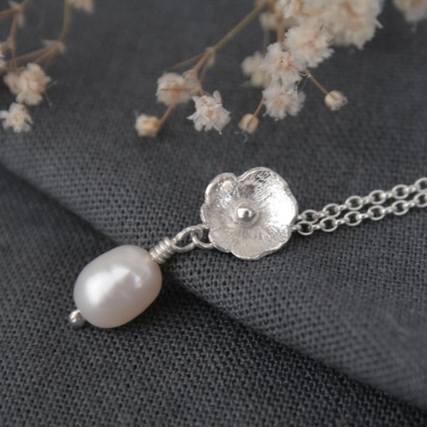 Handmade Floral Pearl Bridal Necklace, Sterling Silver Wedding Jewellery