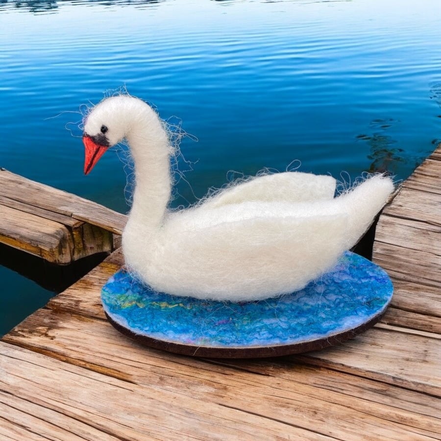 Swan swimming, needle felted sculpture