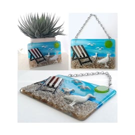 Handmade Fused Glass 3D Seagull & Deckchair Hanging Picture - Beach Seaside