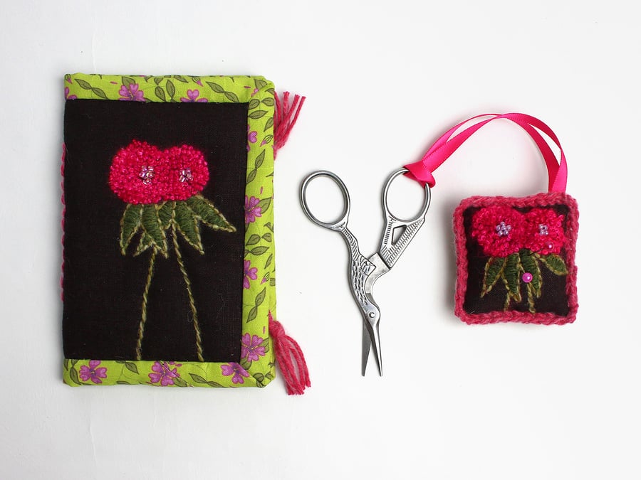 Chestnut linen needle case and scissor keeper with clover embroidery (gift set)