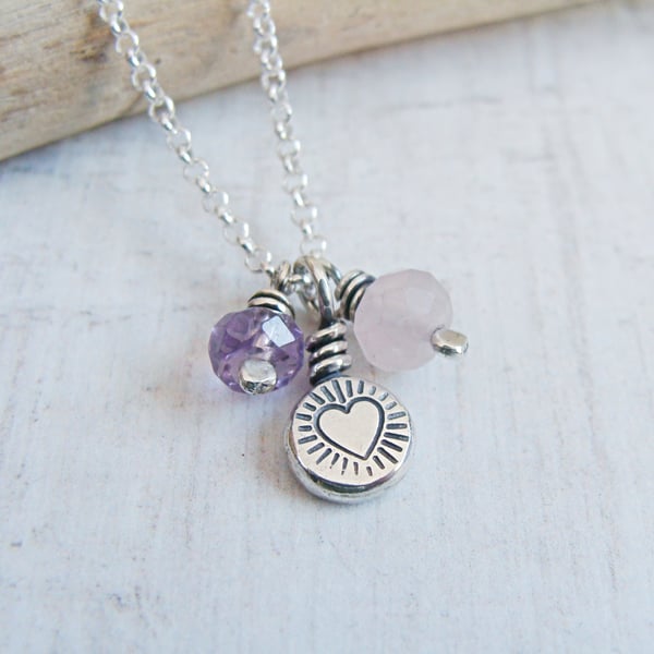 Sterling Silver Heart Pebble Gemstone Cluster Necklace - Rose Quartz, Amethyst