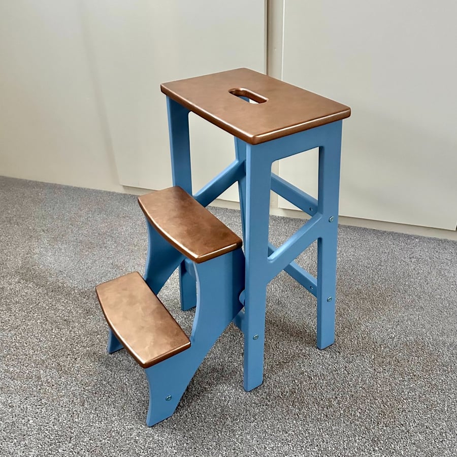 Dusty Blue Wooden Folding Step Stool – Handmade in Britain